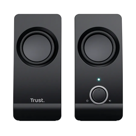 Trust Remo Computer 2.0 USB Speaker Set in black with dual drivers, power button and volume control on right speaker, compact desktop audio system