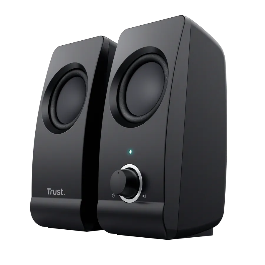 Trust Remo black USB computer speaker set with dual drivers, volume control knob and power indicator light on right speaker
