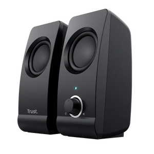 Trust Remo black USB computer speaker set with dual drivers, volume control knob and power indicator light on right speaker