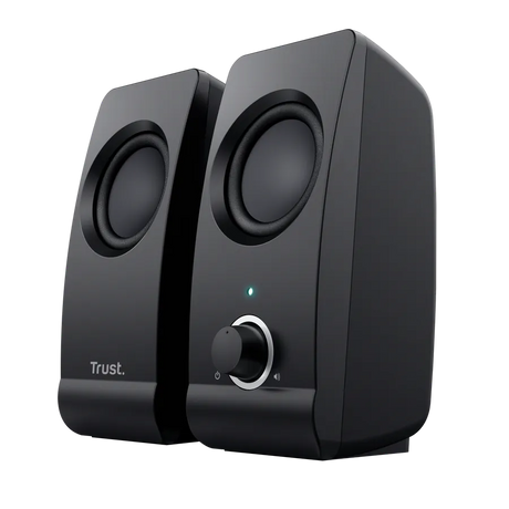 Trust Remo black USB computer speaker set with dual drivers, volume control knob and power indicator light on right speaker