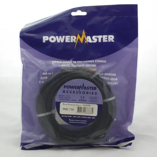 Powermaster black coaxial satellite cable 10 metre coiled in purple retail packaging with product label and barcode PMC110