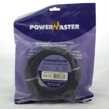 Powermaster black coaxial satellite cable 10 metre coiled in purple retail packaging with product label and barcode PMC110