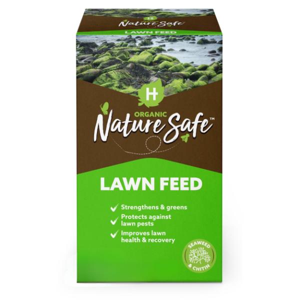 Hygeia Organic Nature Safe Lawn Feed 2kg cardboard box with brown and green packaging, featuring mossy rocks image and product benefits listed