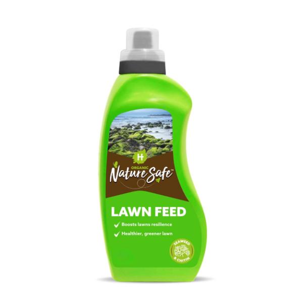 Hygeia Organic Nature Safe liquid lawn feed in a bright green plastic bottle with black spray nozzle, 1 litre size, featuring product information and benefits text on white label