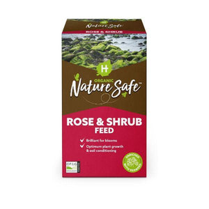 Hygeia Organic Nature Safe Rose and Shrub Feed 2kg cardboard box with brown and red packaging featuring an image of green moss-covered rocks and water, organic certification logo, and product benefits listed