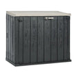 Toomax Storer Plus garden storage unit with taupe grey top and anthracite wood-effect vertical panelled sides, featuring a hinged lid and metal handle, 842 litre capacity