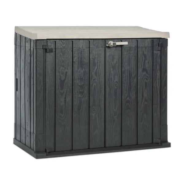 Toomax Storer Plus garden storage unit with taupe grey top and anthracite wood-effect vertical panelled sides, featuring a hinged lid and metal handle, 842 litre capacity
