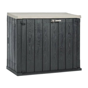 Toomax Storer Plus garden storage unit with taupe grey top and anthracite wood-effect vertical panelled sides, featuring a hinged lid and metal handle, 842 litre capacity