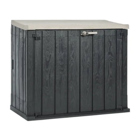 Toomax Storer Plus garden storage unit with taupe grey top and anthracite wood-effect vertical panelled sides, featuring a hinged lid and metal handle, 842 litre capacity