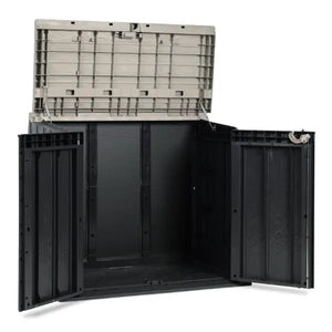 Toomax Storer Plus 842 litre garden storage unit with open doors showing interior storage space, featuring taupe grey lid and anthracite black plastic base with vertical ribbed panels and metal hinges
