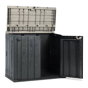 Toomax Storer Plus garden storage unit with open lid and doors showing interior space, featuring anthracite grey plastic construction with wood-grain texture, 842 litre capacity