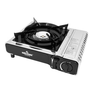 Milestone single burner portable gas camping stove with cast iron burner and instruction manual, angled top view