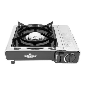 Milestone portable single burner gas camping stove with black pot supports, silver top, control knob and ignition on a white background