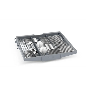 Bosch Series 6 integrated dishwasher basket showing gray plastic interior with stainless steel cutlery and place settings including plates, bowls, cups and utensil holders