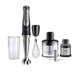 Braun MultiQuick 9 hand blender set with black and stainless steel design showing main immersion blender unit, measuring cup, whisk attachment, chopper bowl with lid, and grinder attachment on white background