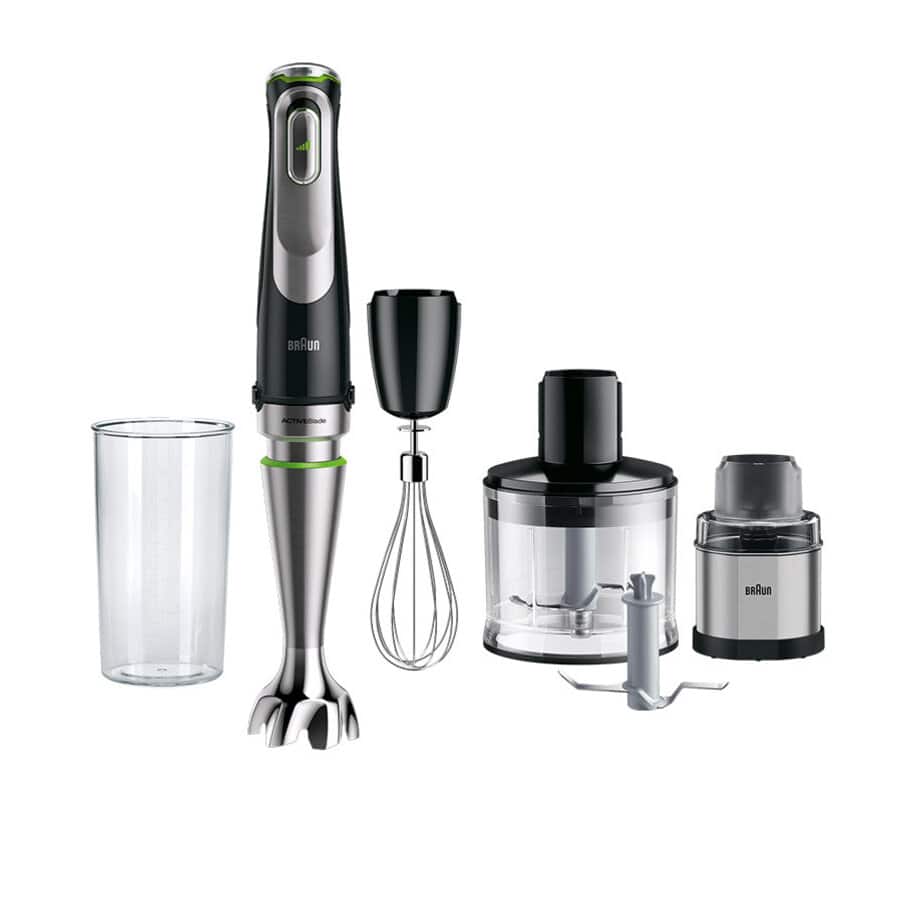 Braun MultiQuick 9 hand blender set with black and stainless steel design showing main immersion blender unit, measuring cup, whisk attachment, chopper bowl with lid, and grinder attachment on white background
