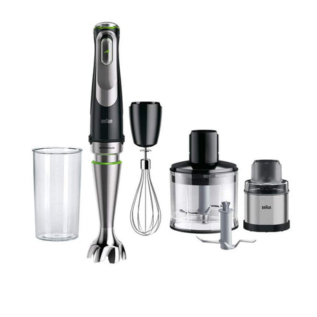 Braun MultiQuick 9 hand blender set with black and stainless steel design showing main immersion blender unit, measuring cup, whisk attachment, chopper bowl with lid, and grinder attachment on white background