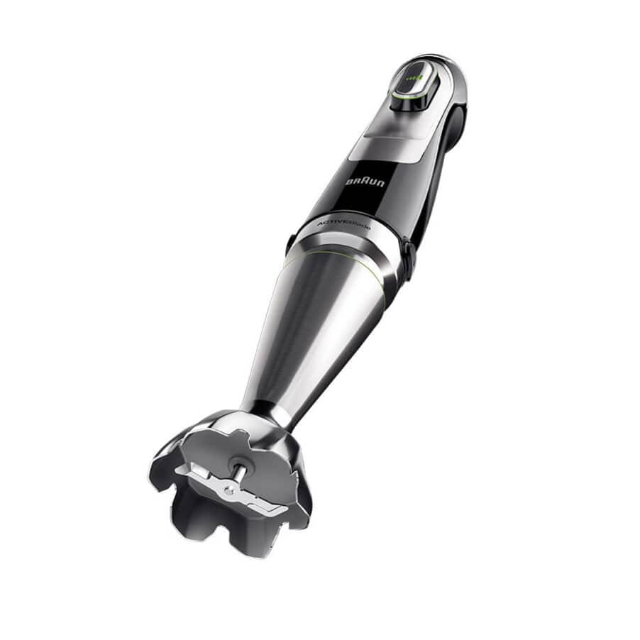 Braun MultiQuick 9 hand blender with stainless steel shaft and black plastic housing, featuring a detachable blending attachment at the base and ergonomic handle with control buttons