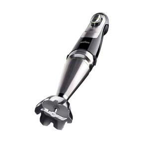 Braun MultiQuick 9 hand blender with stainless steel shaft and black plastic housing, featuring a detachable blending attachment at the base and ergonomic handle with control buttons
