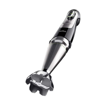 Braun MultiQuick 9 hand blender with stainless steel shaft and black plastic housing, featuring a detachable blending attachment at the base and ergonomic handle with control buttons