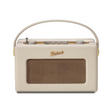 Roberts Revival FM/DAB portable radio in cream with gold accents, featuring a carrying handle, mesh speaker grille, and control buttons on top