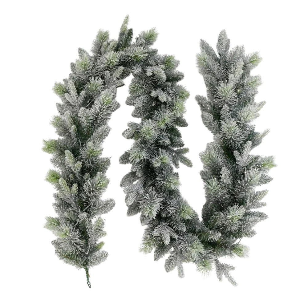 Snowy Stamford garland 9ft x 12 inch with frosted green and white pine branches and snow-covered needle clusters