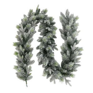 Snowy Stamford garland 9ft x 12 inch with frosted green and white pine branches and snow-covered needle clusters