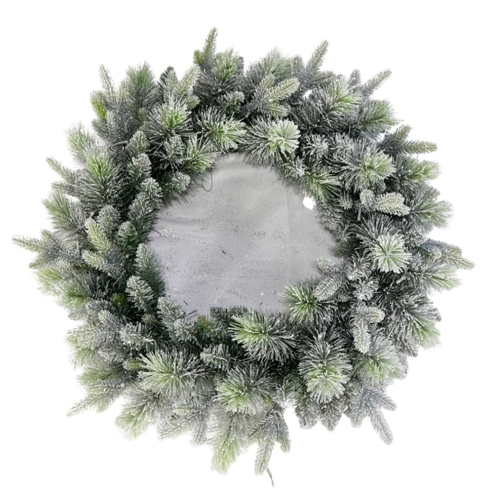 Snowy Stamford Christmas wreath 76cm with frosted evergreen branches and snow-dusted foliage in green and white