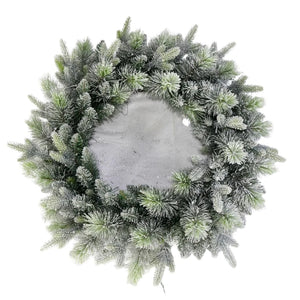 Snowy Stamford Christmas wreath 76cm with frosted evergreen branches and snow-dusted foliage in green and white