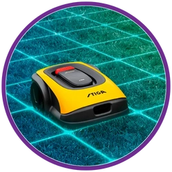 Robotic lawn mower on a textured green surface with a purple border