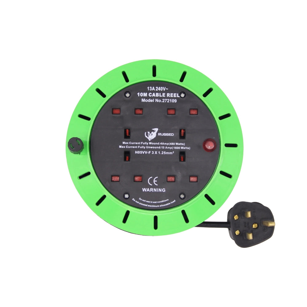 Rugged 10 Metre 10A 4 Socket Cable Reel&nbsp;