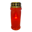 Red plastic grave light with flickering LED flame, brass top band featuring cross and circle design, memorial candle for cemetery use