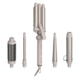Remington Trendology 5-in-1 hair curler set in stone grey showing all interchangeable barrel attachments including round brush, straight barrel, triple barrel waver, conical wand and straightening plate with main styling tool in center