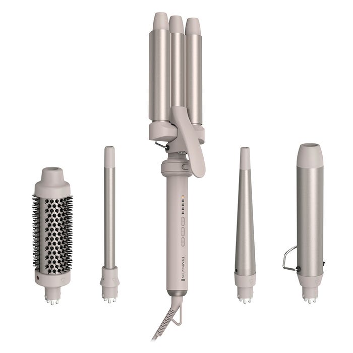 Remington Trendology 5-in-1 hair curler set in stone grey showing all interchangeable barrel attachments including round brush, straight barrel, triple barrel waver, conical wand and straightening plate with main styling tool in center