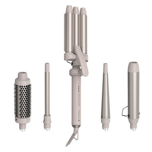 Remington Trendology 5-in-1 hair curler set in stone grey showing all interchangeable barrel attachments including round brush, straight barrel, triple barrel waver, conical wand and straightening plate with main styling tool in center