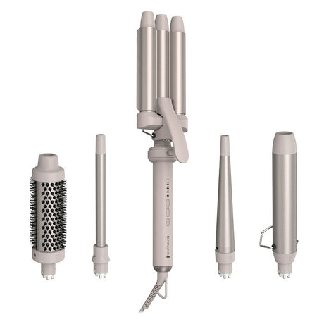 Remington Trendology 5-in-1 hair curler set in stone grey showing all interchangeable barrel attachments including round brush, straight barrel, triple barrel waver, conical wand and straightening plate with main styling tool in center