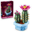 LEGO Flowering Cactus set 11509 showing buildable pink and magenta blooming flowers with yellow centers atop green segmented cactus stems with brown spines, displayed in light blue potted base, 482 pieces, alongside original packaging box with burgundy background