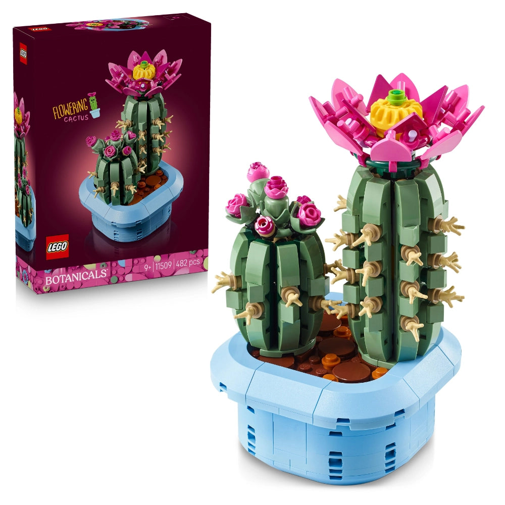 LEGO Flowering Cactus set 11509 showing buildable pink and magenta blooming flowers with yellow centers atop green segmented cactus stems with brown spines, displayed in light blue potted base, 482 pieces, alongside original packaging box with burgundy background