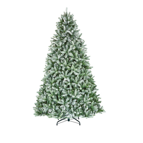 National Tree Company Frosted Newberry Spruce 7.5ft artificial Christmas tree with snow-frosted green branches and metal stand on white background
