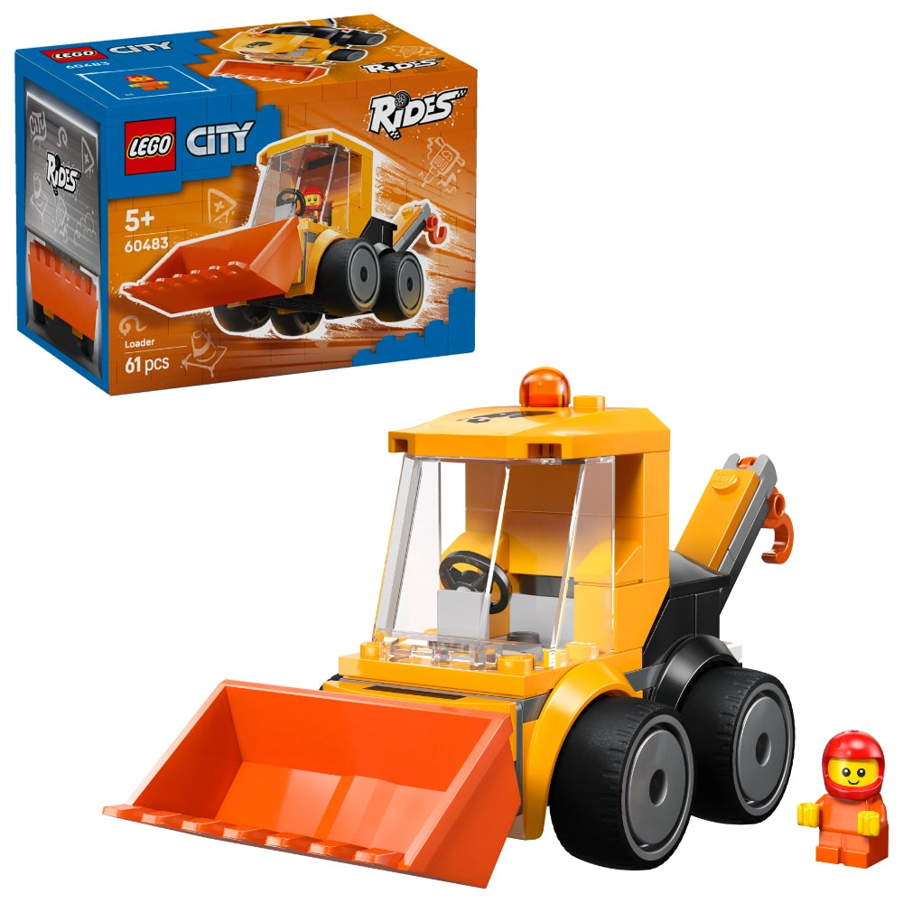LEGO City Rides Construction Loader 60483 set showing yellow and orange wheeled loader vehicle with articulated arm, orange bucket scoop, transparent cabin, black tires, minifigure operator in red safety gear, and original packaging box displayed above the assembled model