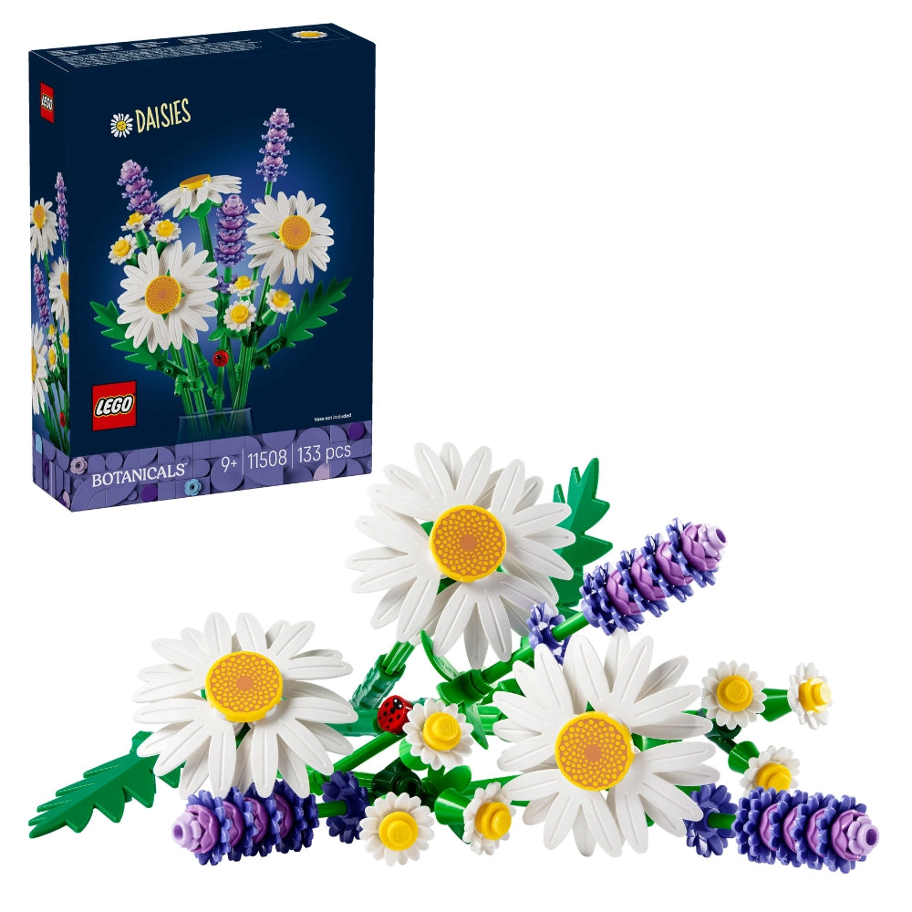 LEGO Botanicals Daisies set 11508 featuring white and yellow daisies with green stems and leaves, purple lavender flowers, a red ladybug, displayed with packaging box showing 133 pieces for ages 9 and up