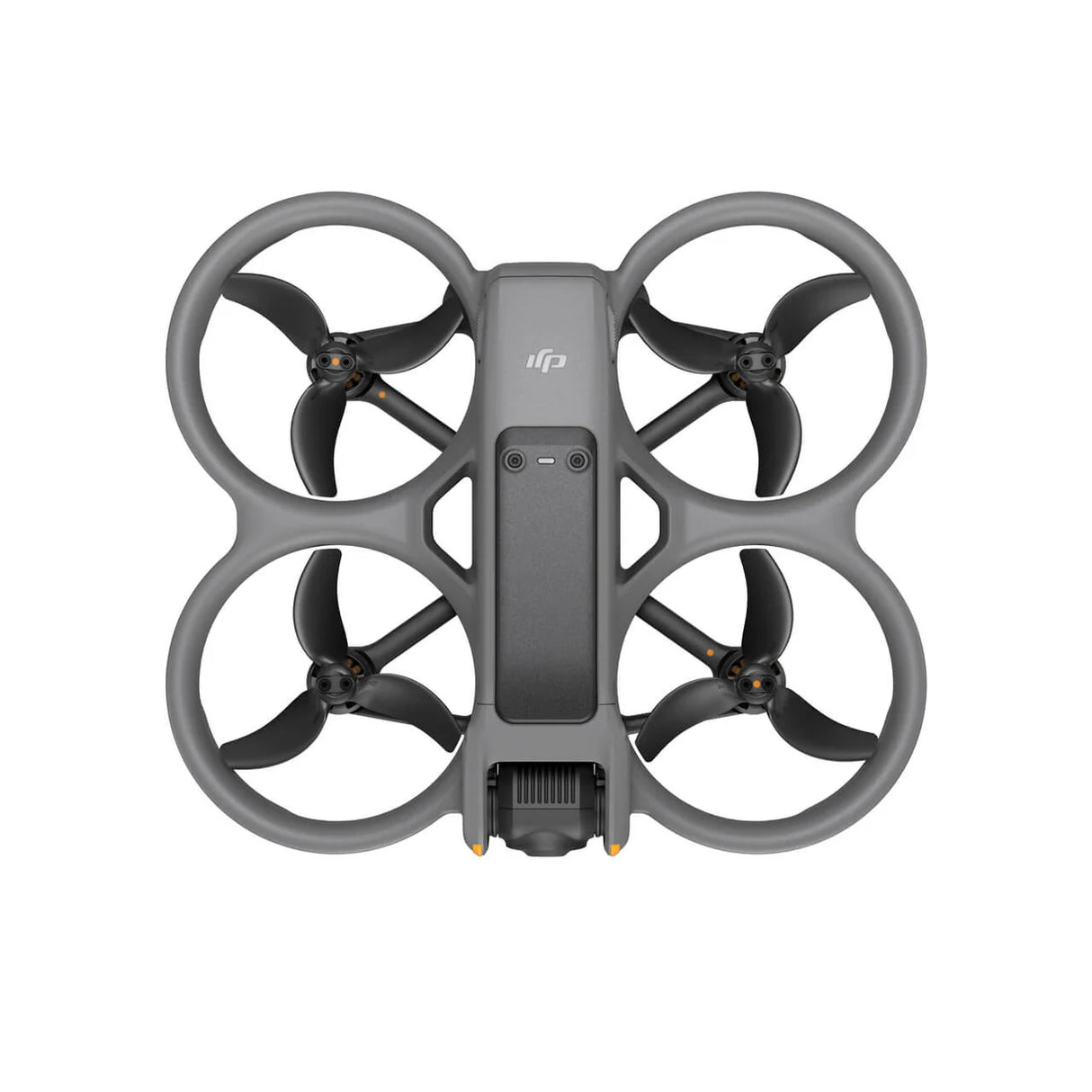 DJI Avata 2 FPV drone shown from above with gray propeller guards, four black propellers, central gray body with control buttons, and yellow accents on the landing gear against a white background
