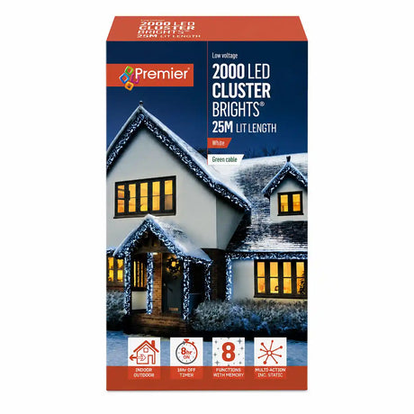 Premier 2000 LED Cluster Brights white Christmas lights on snowy house exterior with green cable, 25m length, featuring 8 functions timer and multi-action settings for indoor and outdoor use