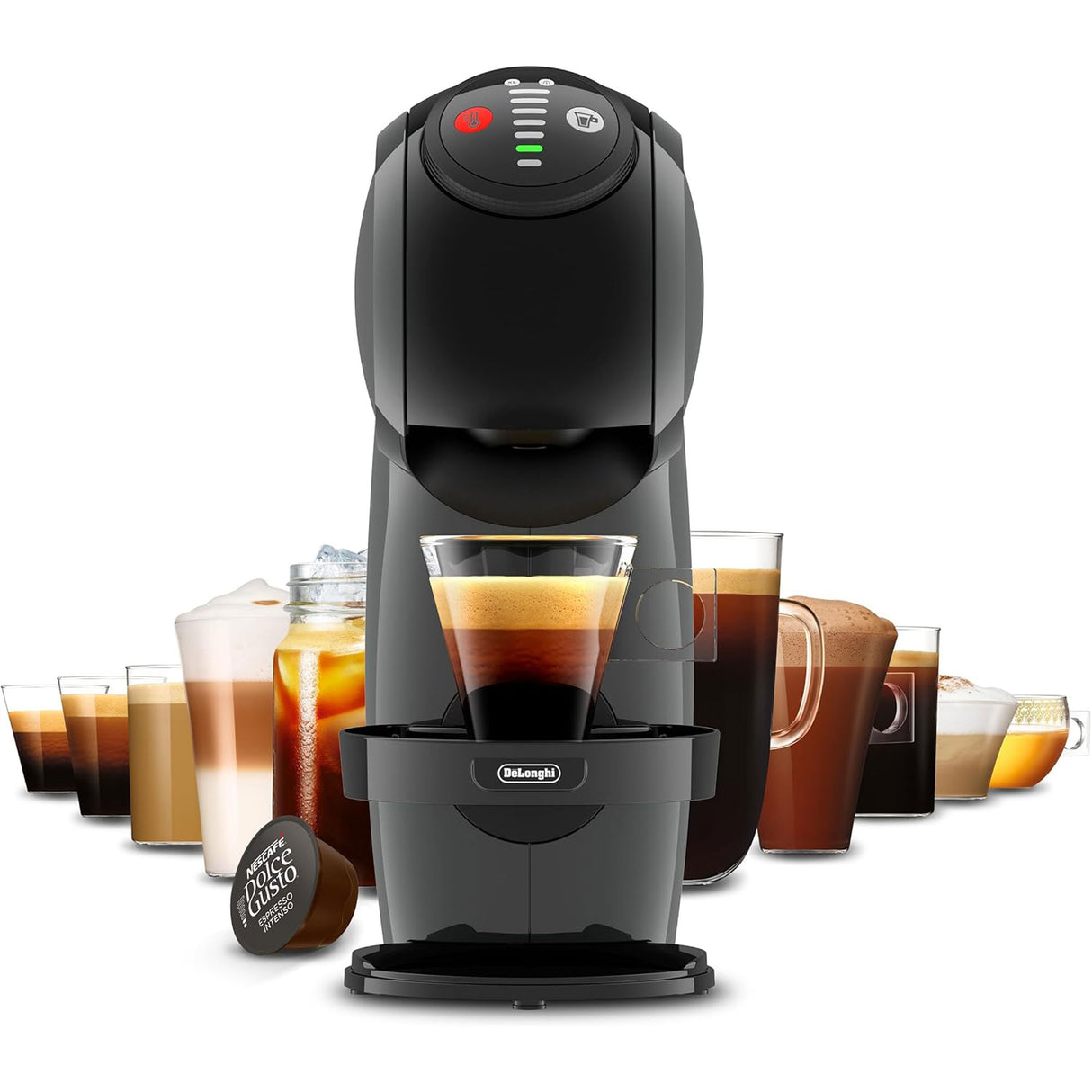 Black coffee machine with glasses of coffee on a white background