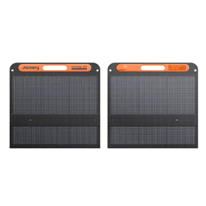 Two Jackery SolarSaga 200W foldable solar panels with black frames and orange handles displayed front and back views showing dark grey solar cell arrays and fold lines