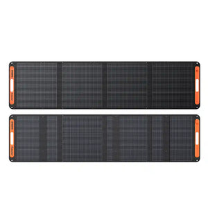 Jackery SolarSaga 200W foldable solar panel with four black photovoltaic panels and orange side handles shown in open position