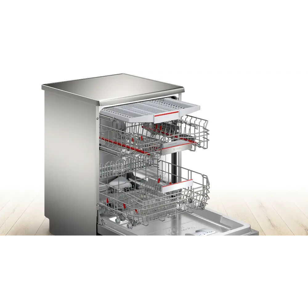 Bosch Series 6 stainless steel dishwasher with two pull-out wire baskets shown open, displaying 14 place setting capacity, positioned against a light wooden floor background