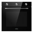 Belling BI65FBLK built-in single electric oven with black glass front, stainless steel handle, three control knobs on dark control panel, and modern minimalist design