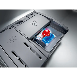 Bosch Series 6 integrated dishwasher with open detergent dispenser showing red ball and blue gel compartment, stainless steel finish with control panel visible