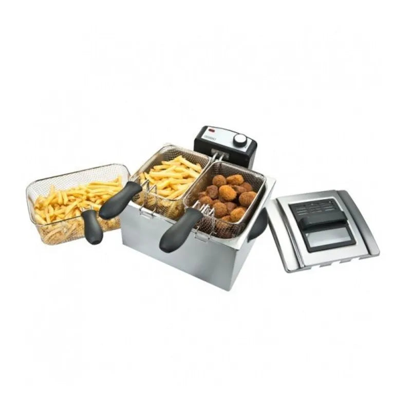 Bourgini Triple Deep Fat Fryer 5 Litre in stainless steel with three separate frying baskets containing golden French fries and brown fried foods, featuring dual black handles and digital control panel